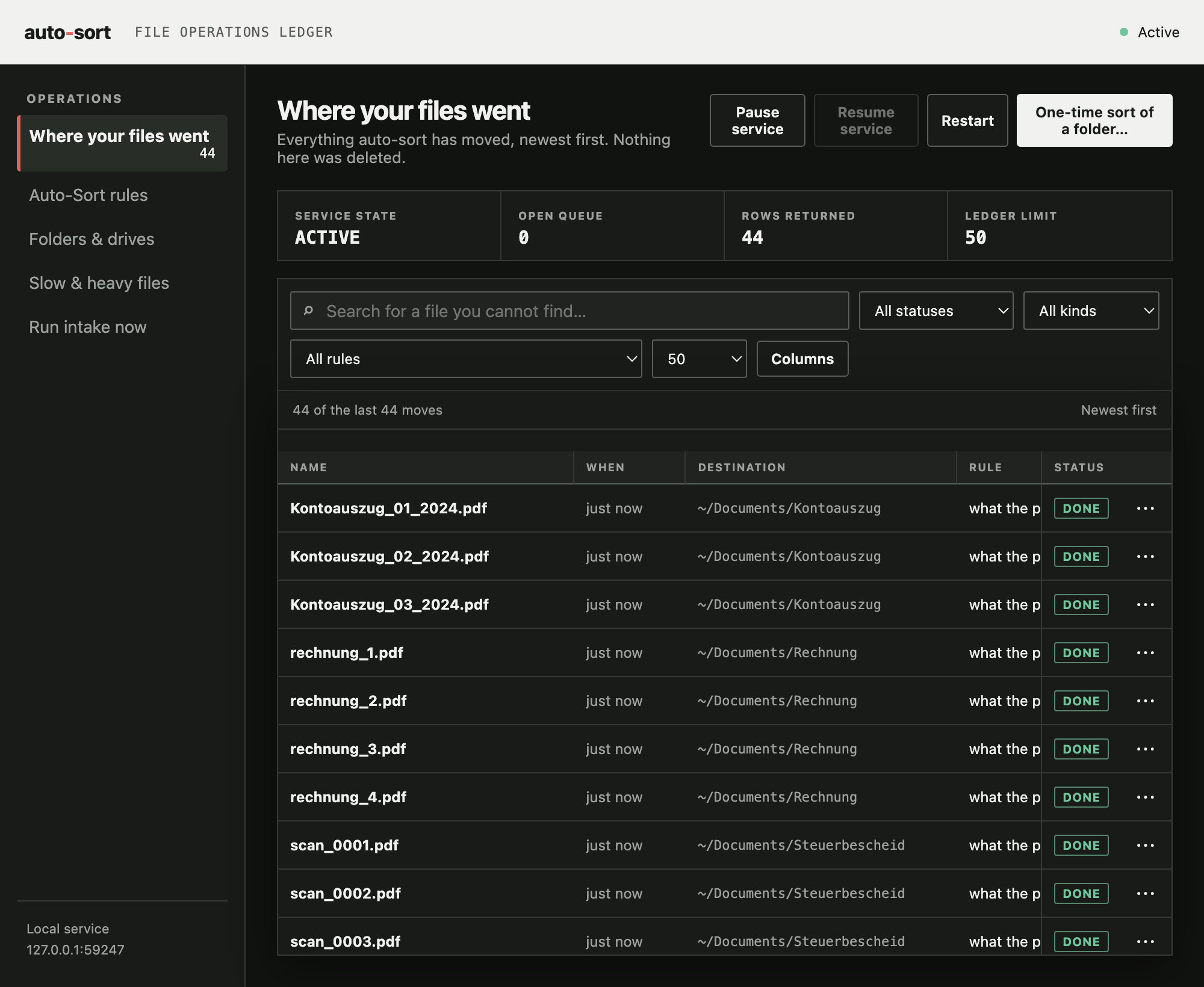 The log page auto-sort leaves behind: a ledger of every file it has moved, newest first, with the destination, the rule that placed it and the status. A search box asks the whole history, not just the page on screen, and each row can be revealed, restored, or sent to the system bin.