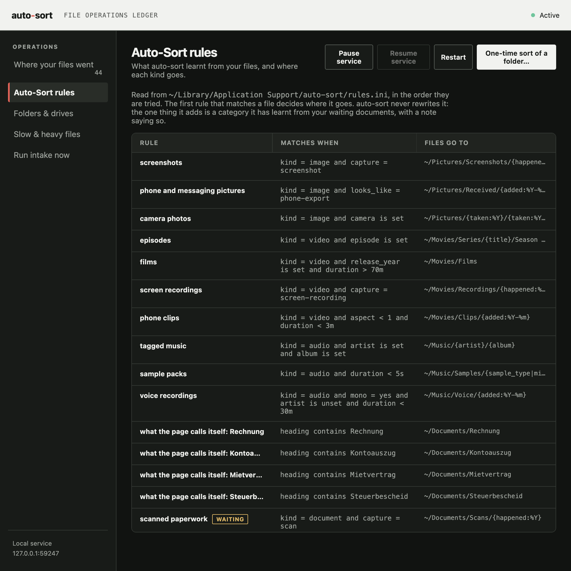 The Auto-Sort rules view, showing rules learnt from a folder's own documents — 'what the page calls itself: Rechnung', 'Kontoauszug', 'Steuerbescheid' and 'Mietvertrag' — beside the condition each matches and the folder it writes to.