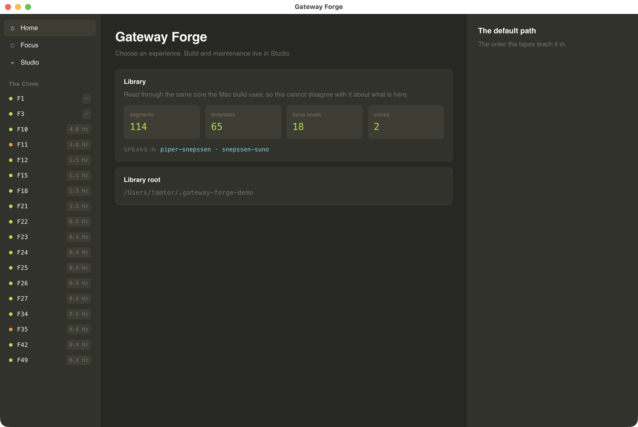 The Windows and Linux build's Home screen: the same climb rail and Focus levels, plus a Library card showing segment, template and voice counts and the on-disk library root path