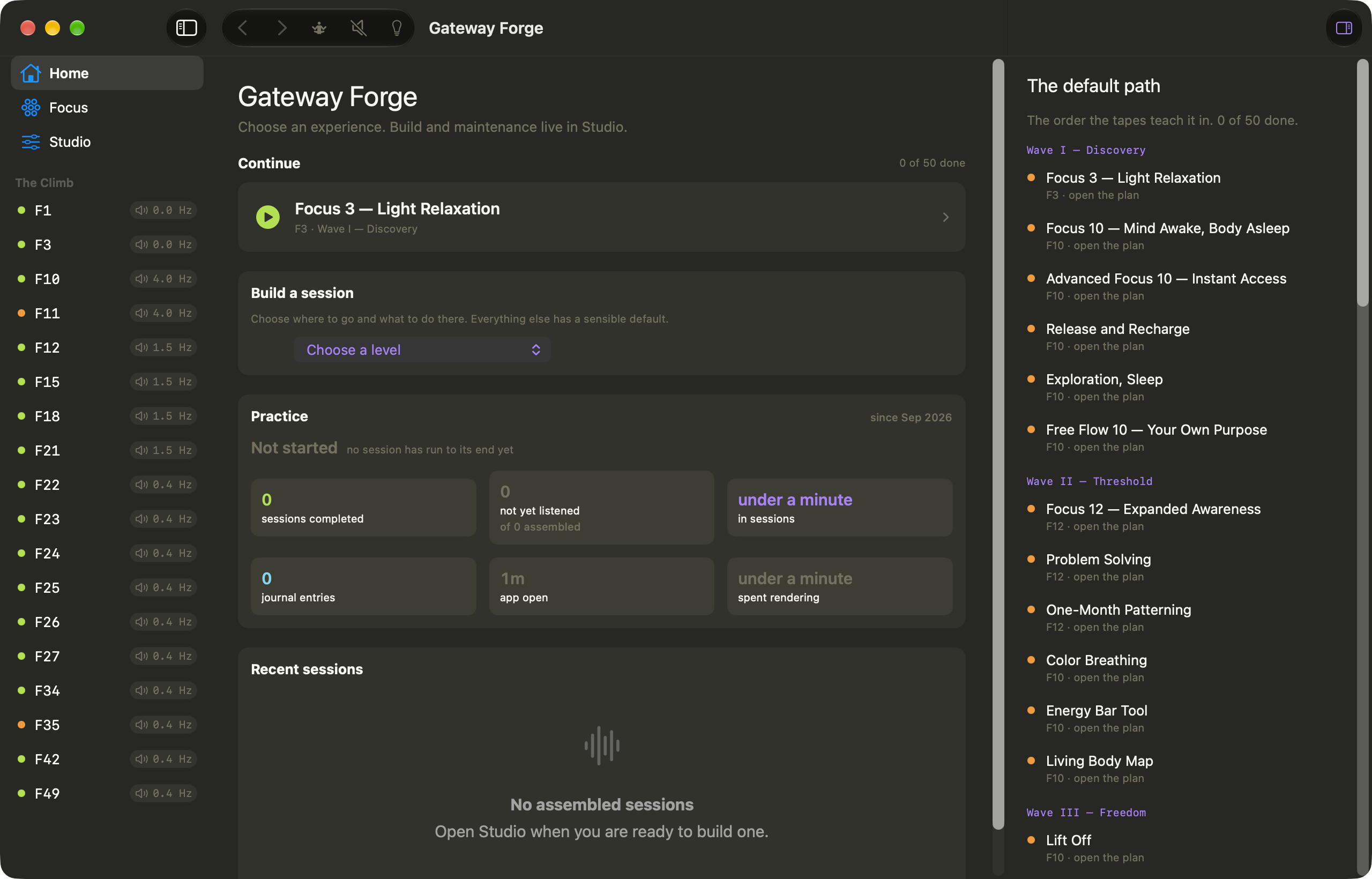 Gateway Forge desktop home screen with its Focus-level map