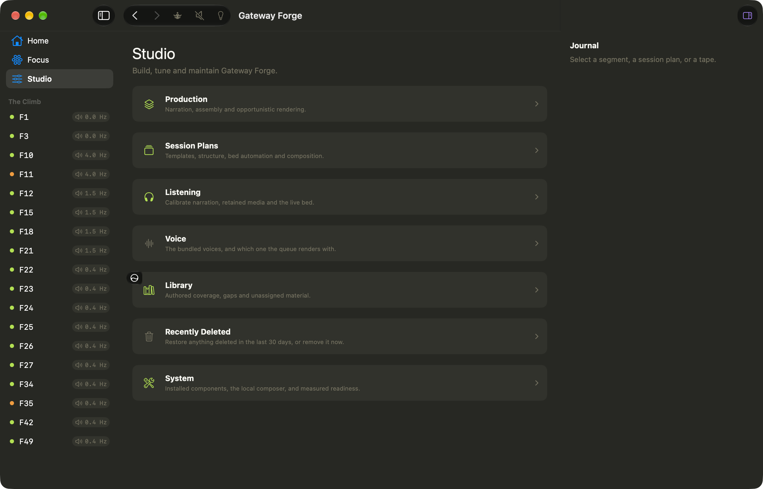 The Studio destinations: Production, Session Plans, Listening, Voice, Library, Recently Deleted, System