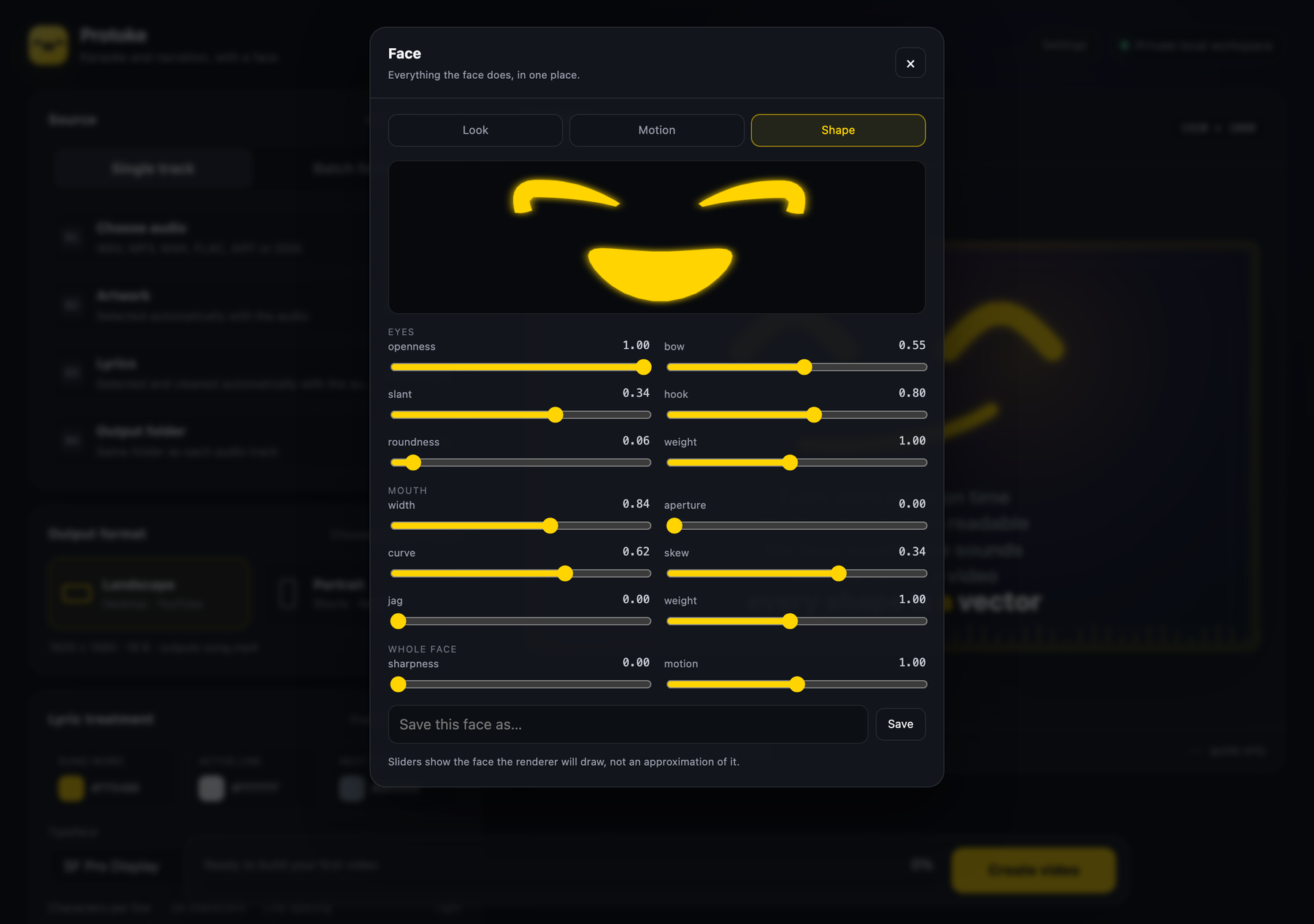 The Face configurator's Shape tab: a live preview of the face above fourteen labelled sliders grouped into eyes, mouth and whole face