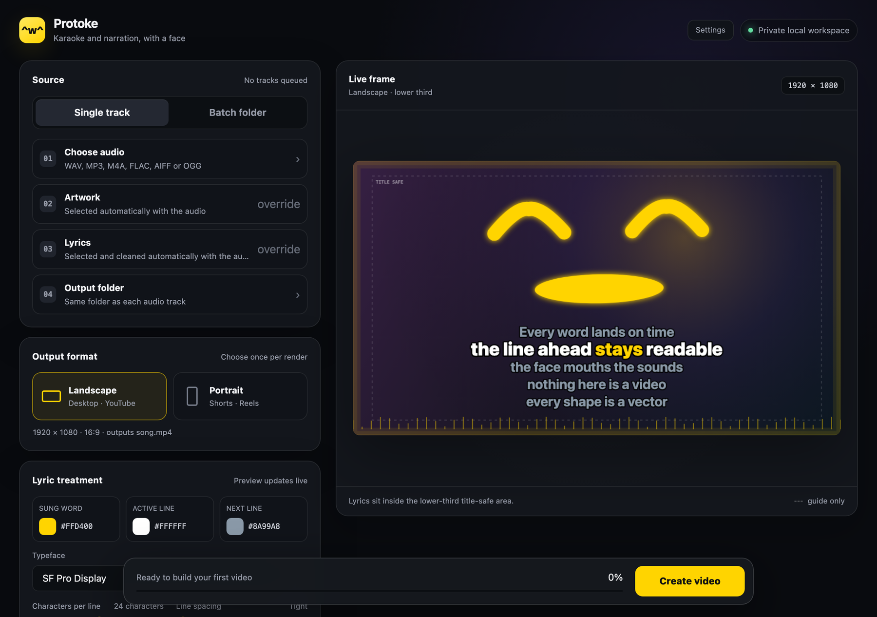 Protoke's main window: source and output panels on the left, and a live 1920x1080 preview frame on the right showing the visor face above five lines of lyrics with one word highlighted