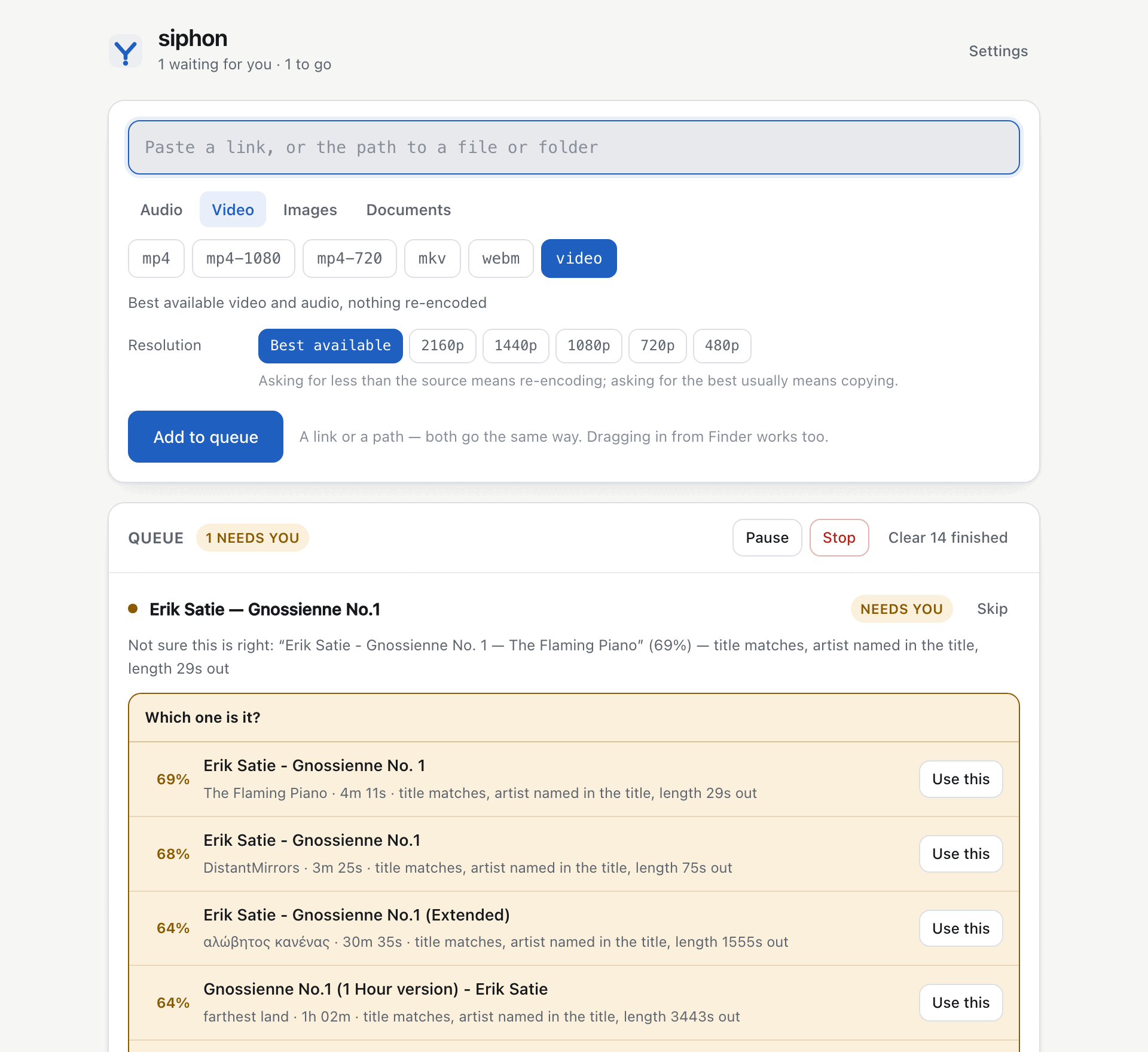 A track siphon is not sure about, stopped in the queue. Candidates are listed with their scores, uploaders, lengths and the reasons for each score, each with a Use this button, and a note that nothing has been downloaded.
