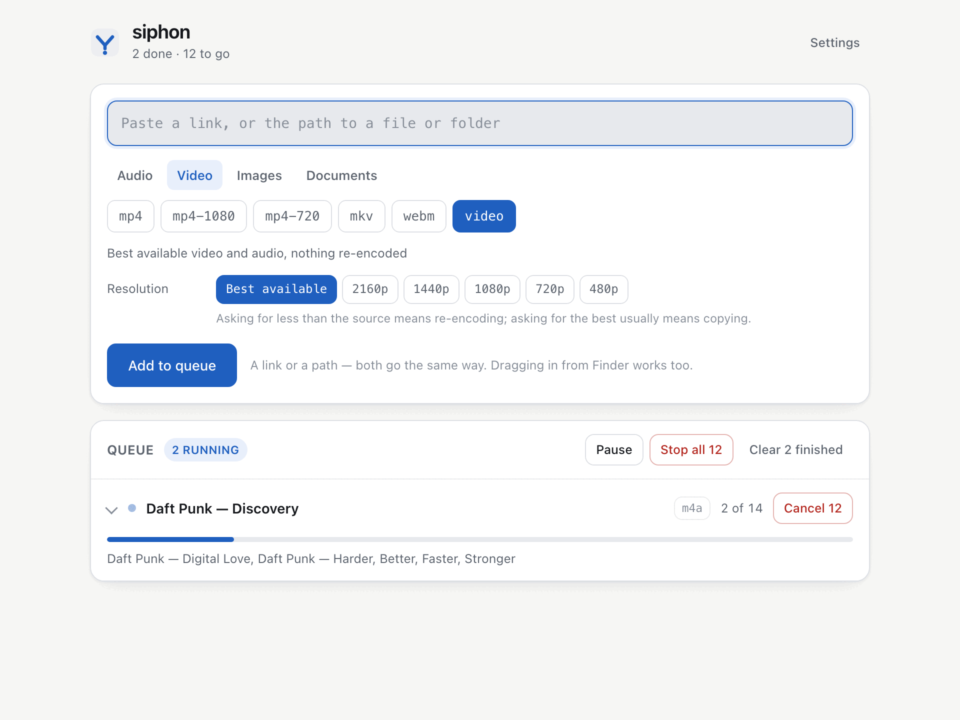 siphon's window: a link field, a format chosen from Audio, Video, Images or Documents, the settings that apply to it, and a queue where a fourteen-track album is one row reading 4 of 14.