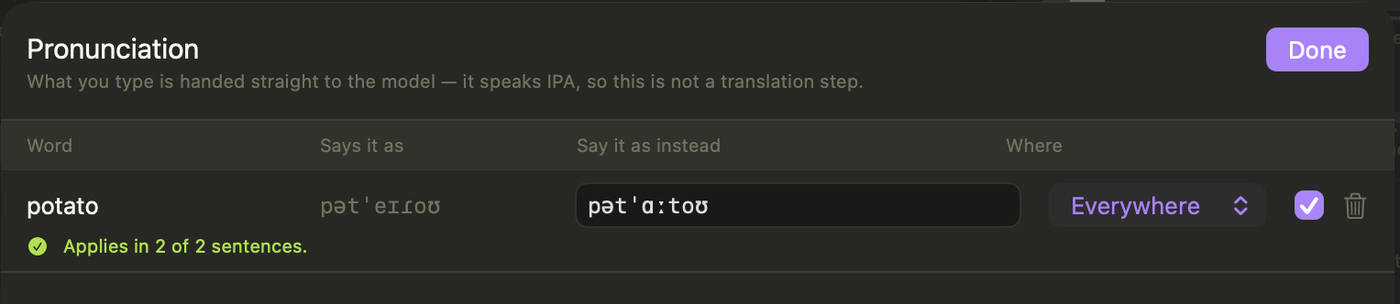 The pronunciation table: the word potato, what espeak says for it, an IPA override, and a green line confirming it applies in 2 of 2 sentences