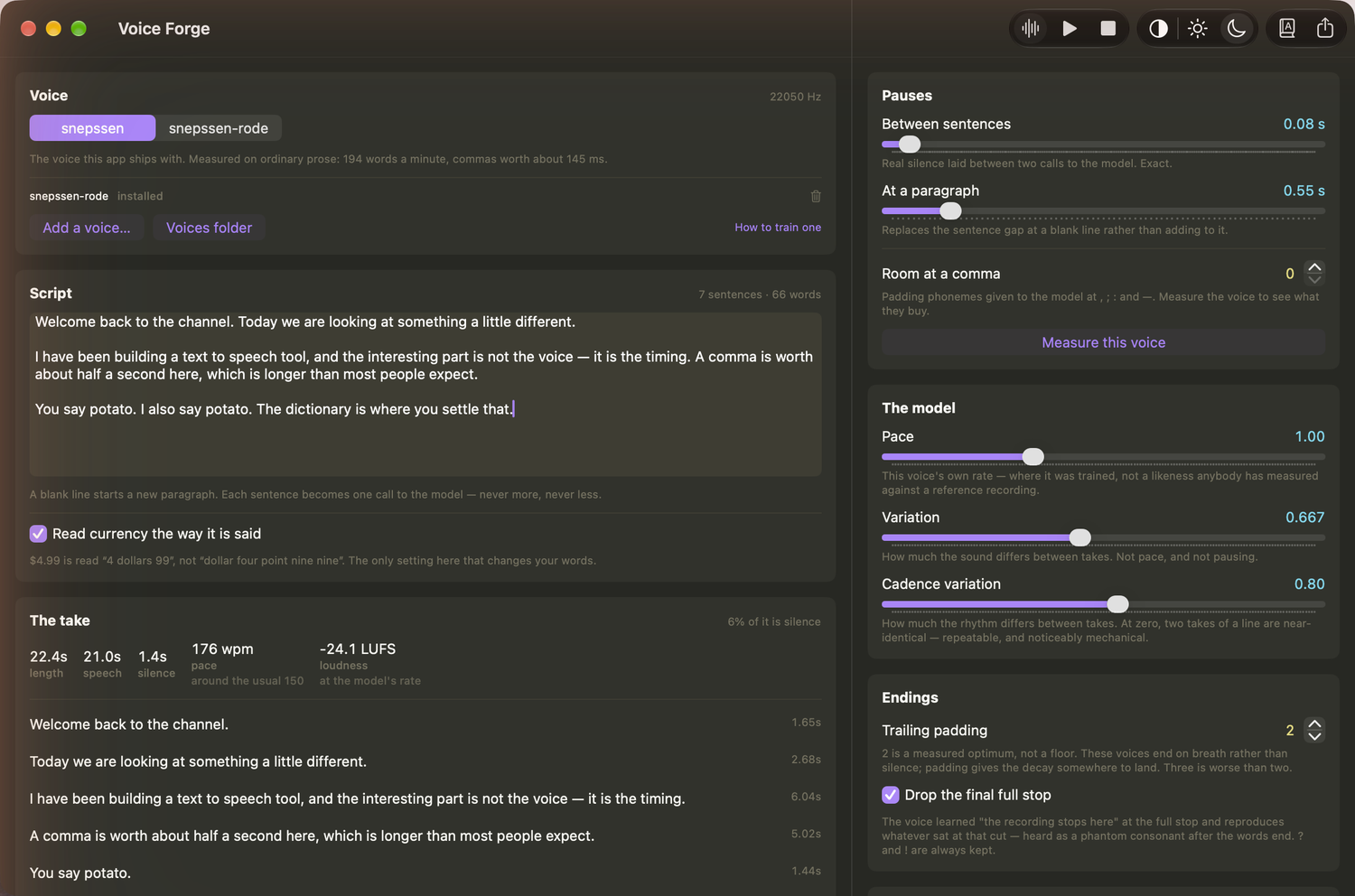 Voice Forge showing a rendered script broken into sentences, with pause and model controls on the right